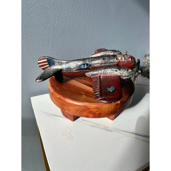 Vintage Cast Iron Red Airplane • Twin Engine • Heavy Antique Style Model Plane - Picture 5 of 16